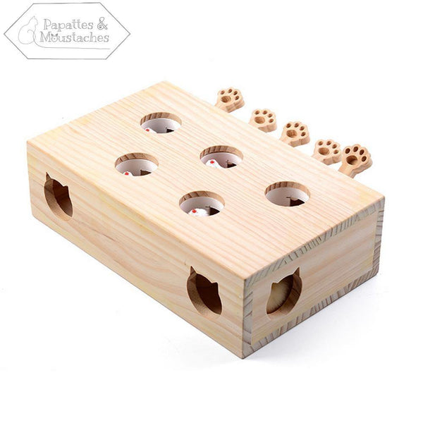 Jeu "tape taupe" en bois pour chat - 5 leviers - Papattes & Moustaches