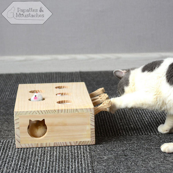 Jeu "tape taupe" en bois pour chat - 5 leviers - Papattes & Moustaches