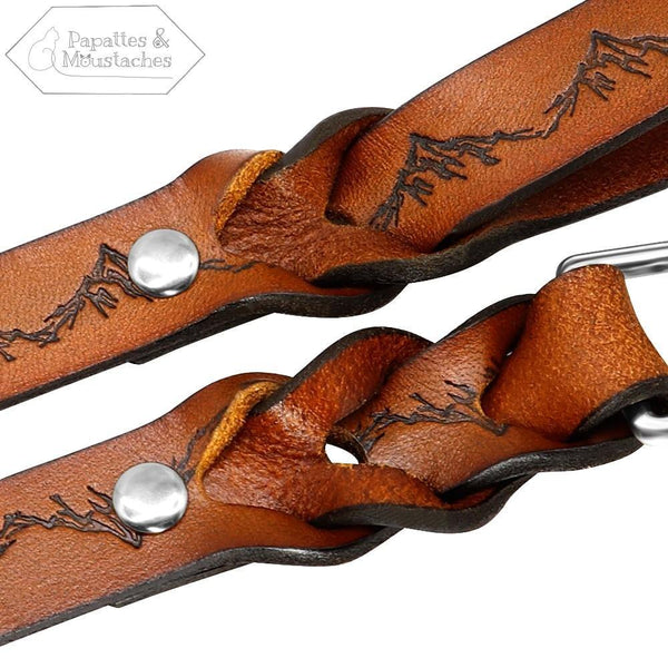 Collier et laisse en cuir pour chien motif "Montagne" - Papattes & Moustaches