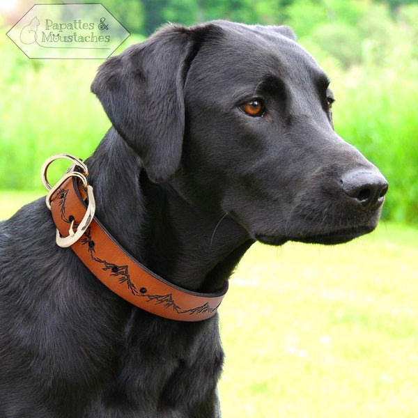 Collier et laisse en cuir pour chien motif "Montagne" - Papattes & Moustaches